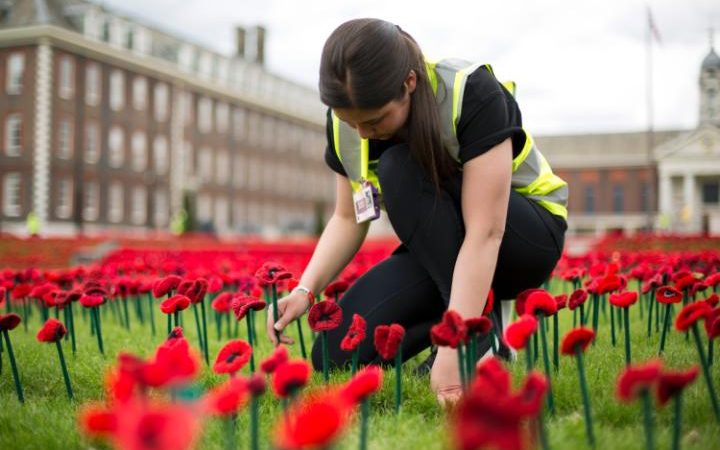 Close-up view of the handmade poppies